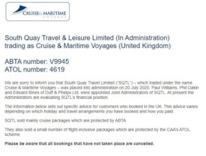 CMV Cruise Line Administration Notice from Website, July 23, 2020