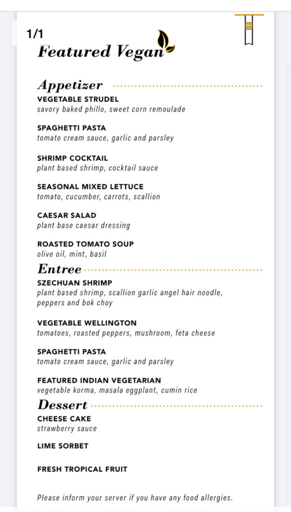 Carnival Cruise Line Night One Vegan Menu