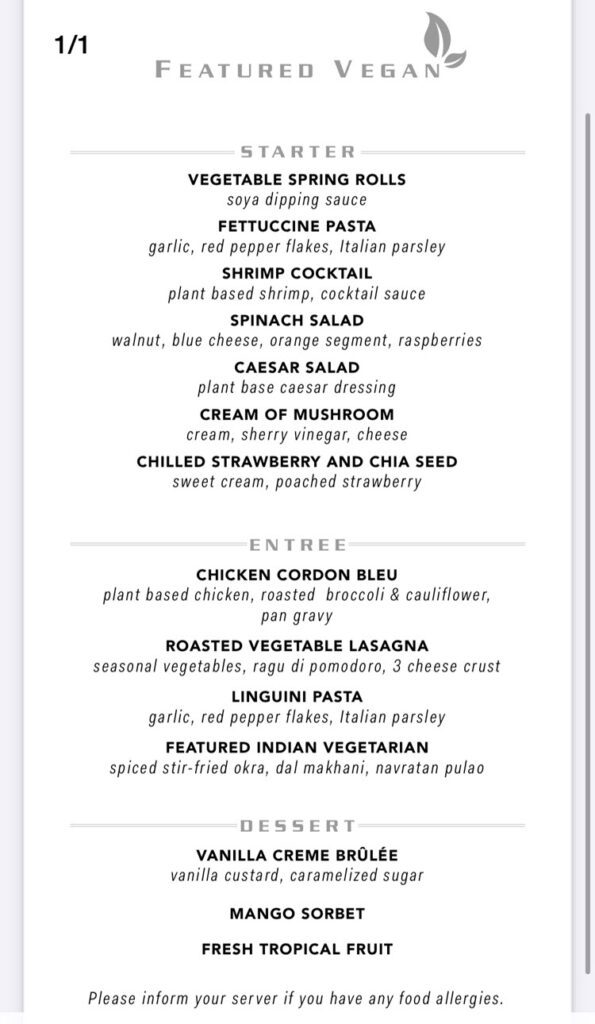 Carnival Cruise Line Night Two Vegan Menu