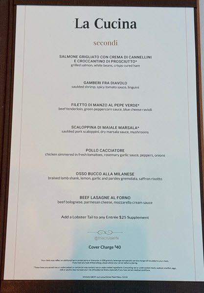 La Cucina Entrées Menu - More at Sea