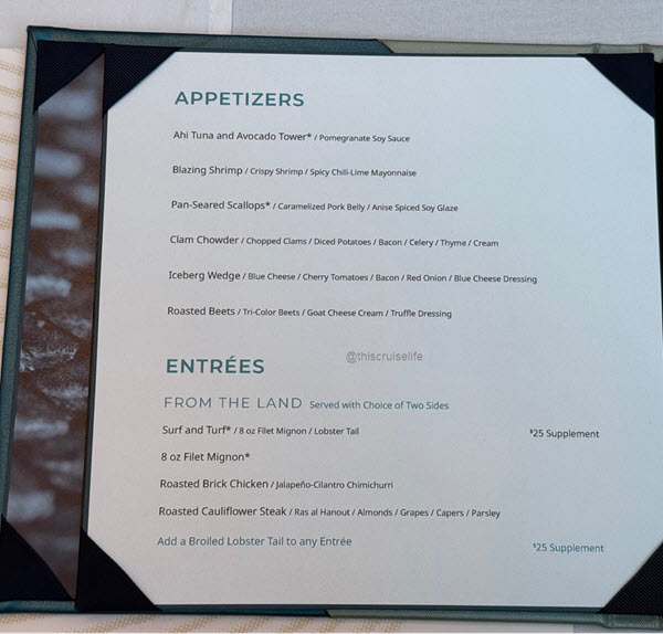 Ocean Blue Appetizers and Entrées Menu under More at Sea